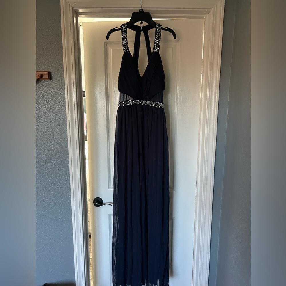 Formal Navy blue maxi dress with beaded detailings. Size 5.